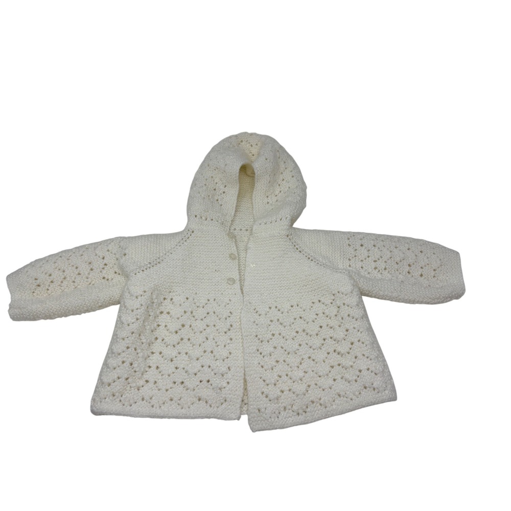 Handmade White Crochet Hooded Baby Cardigan Sweater Chevron Knit 6-12 Months